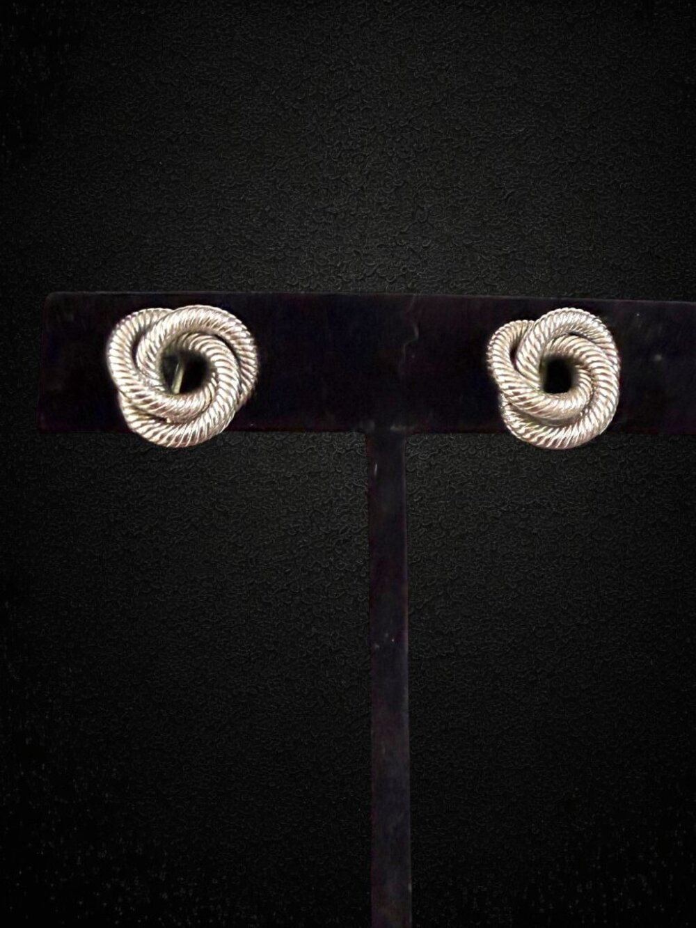 Vintage Crown Trifari Rope Knot Clip-On Earrings Silver Tone Textured Nautical
